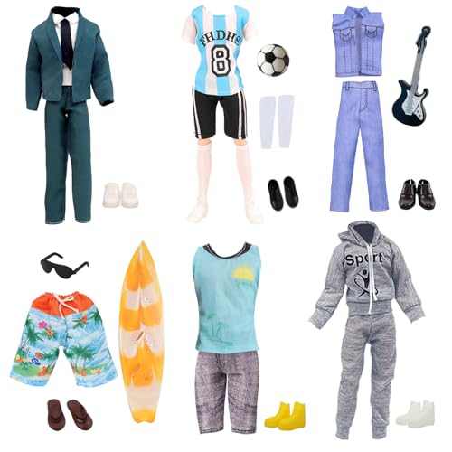 16 vestiti e accessori per Ken 12 pollici: 6 top + 6 pantaloni + 6 paia di scarpe + occhiali + calcio + trofei + tavola da surf