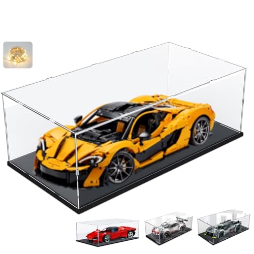 Addensato Vetrina Espositiva Teca Plexiglass Acrilico per Lego 42172 McLaren P1 42143 42096 42156 42115 Modello di auto, Trasparente Grande Scatola con Base in Legno-plastica, Interno Nero 60x30x20cm