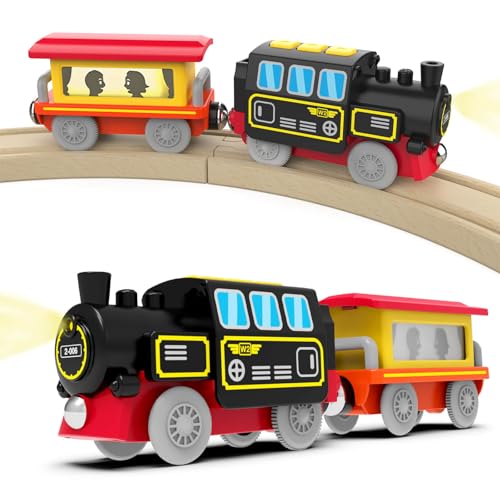 DxxD Trenino Elettrico per Bambini, Locomotiva ad Azione a Batteria con Suono e luce, Trenino Legno Giocattolo Bambino, Treno compatibile con Thomas Brio, Giocattolo Regali per Ragazze Ragazzi 3+ Anni