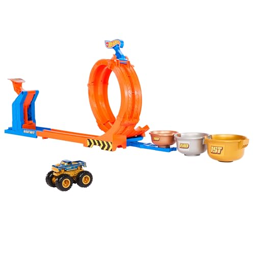 Hot Wheels Monster Trucks - Sfida Trofeo Gira e Capovolgi, playset con 2 modalità di gioco, pista e truck Bigfoot 50° anniversario incluso, giocattolo per bambini, 4+ anni, JBX64