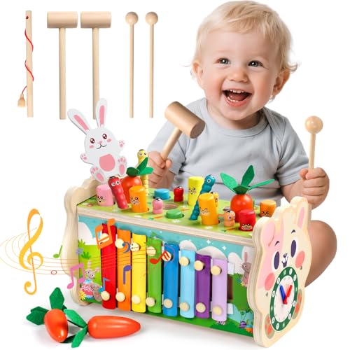 Fajiabao Giochi Montessori 1 Anno-7 in 1 Acchiappa la Talpa Giochi Bambini 1 Anno Cubo Multiattivita Legno Giocattoli con Martello,Strumenti Musicali Bambini Xilofono, Regalo Bambino 1-3 Anno