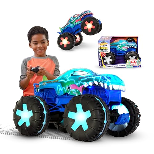 Hot Wheels Monster Trucks Macchina Telecomandata - Mega-Wrex oversize R/C, truck radiocomandato in scala 1:15 con 3 modalità di gioco, luci e suoni interattivi, giocattolo per bambini, 5+ anni, JBD90