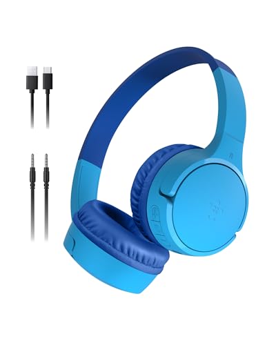 Belkin SoundForm Mini Cuffie wireless per bambini con microfono, 30 ore di riproduzione, adesivi divertenti, headset over-ear per didattica online, scuola e viaggi, per iPhone, iPad e Galaxy, blu