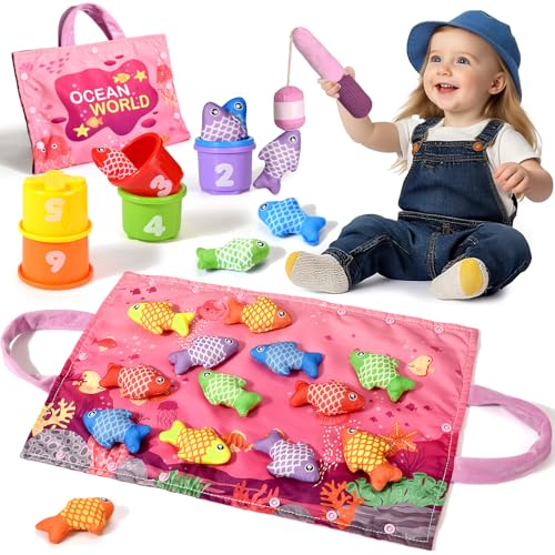 Tokiyis Giochi Montessori 1 Anno - Gioco Pesca Morbidi per Bimbo Bimba con 12 Pesci - Gioco Bambino Colorato Giocattolo Educativo per 6 9 12 18 Mesi - Rosa Regali per Bambini Bambina 1 2 3 Anni