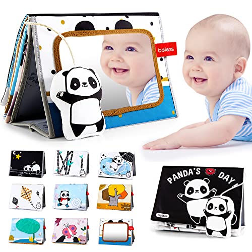 beiens Libri Tattile Sensoriali Stoffa Neonati, Giocattoli a Specchio per Bambini, Panda Giochi Montessori Neonato 0 3 6 12 Mesi, Tummy Time Libro sensoriale Bianco e Nero Passeggino Educativi Regali