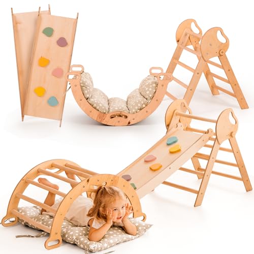 Goodevas 5-in-1 Telaio da Arrampicata per Bambini - Scala a Triangolo, Arco per Arrampicata, Balance Board e Cuscino, Telaio da Arrampicata Montessori, Palestra in Legno per Bambini da 1 a 3 Anni