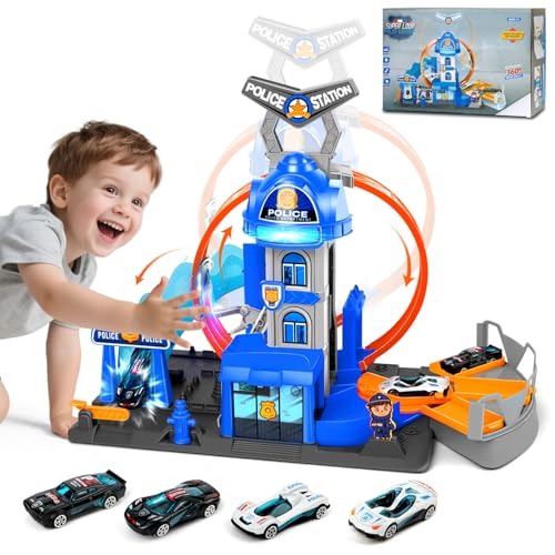 Charmofun City Commissariato di Polizia con Super Loop, Set Pista per Macchinine con 4 Macchinine, 3 Parcheggi, Piste con Ascensore e Luci e Suoni, Circuito a Lancio Giocattolo per Bambini dai 4 Anni