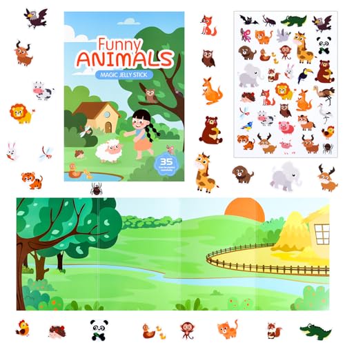 ASTARON Libro di adesivi con animali per bambini piccoli, adesivi riutilizzabili impermeabili del mondo degli animali, attività in aereo, giocattoli da viaggio per bambini