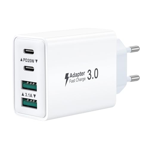 Caricatore USB C Presa, Multiplo 40W 4-Porto USBC Caricabatterie Rapido Spina Alimentatore per iPhone 16 15 14 13 12 Pro Max,Samsung, iPad, Multipla Spinotto Muro QC & PD Adattatore Carica Cellulare