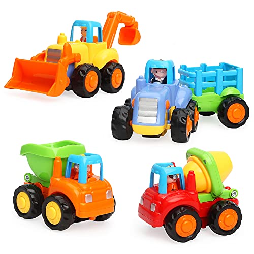 TINOTEEN Auto Giocattoli,Macchinine per Bambino 1 2 3 Anni Spingi e Vai Veicoli Giochi Set di 4 Trattore,Bulldozer, Camion Betoniera, Dumper