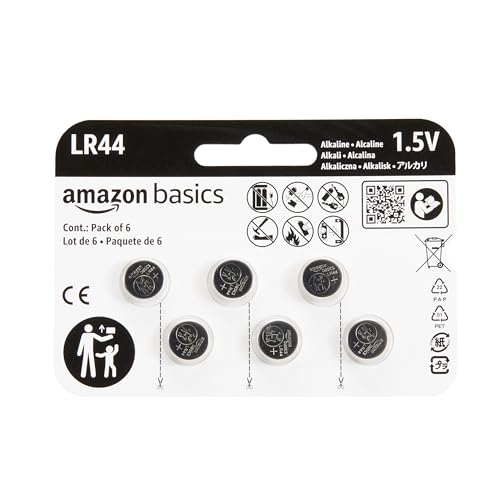 Amazon Basics, 6 batterie a bottone al litio LR44, 1,5 volt, lunga durata, senza mercurio
