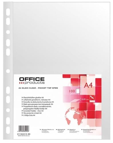 OFFICE PRODUCTS Buste Trasparenti A4 / Confezione da 100 / Din A4 / Cristallino/con apertura superiore Busta in plastica perforata per documenti Carte Cartelle Cartelle/PP/Trasparente 50 micron