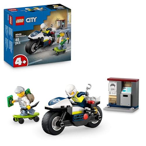 LEGO City Inseguimento della Moto della Polizia - Set con Motocicletta Giocattolo, 2 Minifigure, Mini-Bancomat e Skateboard - Regalo di Compleanno per Bambini e Bambine da 4 Anni - 60455
