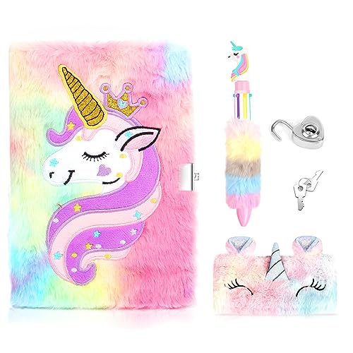 Unicorno, Diario Segreto privato in peluche con Lucchetto per Bambina con Astuccio e Penna, Blocchi magici, per ragazze, Regalo di Natale, compleanno
