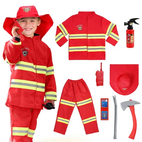 AYBUY Costume da Pompiere per Bambini, 8 Pcs Costume Pompiere Bambino con Accessori di Pompieri, Pompiere costume per Gioco d'Imitazione, Vestito Carnevale Halloween Gioco Regali, rosso, 110CM
