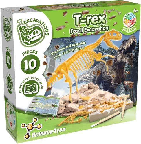 Science4you - Kit Dinosauri T-Rex per Bambini +6 - Fossili da Scavare, Assemblare 10 Pezzi, Scheletro da Construire, Paleontologo e Giochi Archeologia, 6 Anni