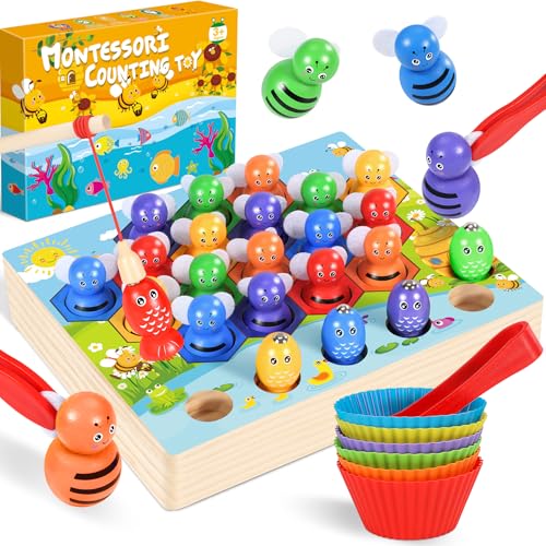 Ophy Giochi Montessori 2 3 4 5 Anni - Giocattolo in Legno Corrispondenza dei Colori Giocattoli Educativi con Ciotola 3 in 1 Giocattolo di Conteggio Bambini Regali per Ragazzi e Ragazze Gioco di Pesca