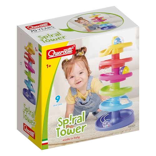 Quercetti Spiral Tower Pista Biglie per Bambini, Giochi Bambini 1 Anno 100% Made in Italy, Gioco Educativo con 5 Spirali, 3 Biglie Grandi con Sonagli, Regalo Bimbo 1 Anno Sicuro e Divertente