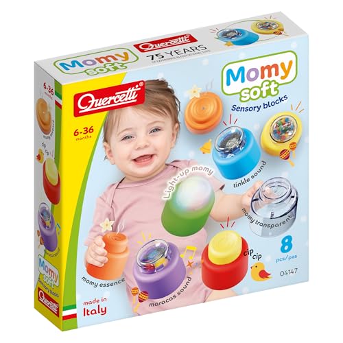 Quercetti Momy Soft Sensory Blocks, Giochi Montessori 6-36 Mesi, 8 Blocchi Sensoriali Morbidi Colorati con Luci e Suoni, Giocattoli Bambini 2 Anni Educativi Sviluppo Motricità