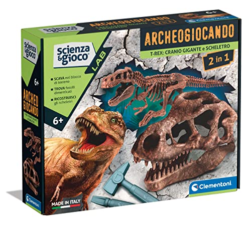 Clementoni Scienza e Gioco Lab - Archeogiocando T-Rex 2in1, Gioco Scientifico 6+ Anni, Fossili di Dinosauri da Scavare e Assemblare, Kit Archeologo, Made in Italy, Lingua Italiana, 19324