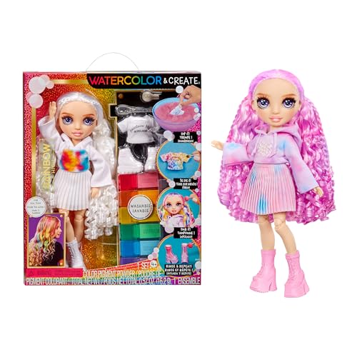 Rainbow High Watercolour & Create DIY Fashion Doll Con Acquerelli Lavabili E Kit Tie-Dye - Occhi Viola, Capelli Ricci, Top E Scarpe Extra - Colora, Crea, Gioca, Risciacqua E Ripeti - Età 4-12+
