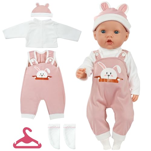 Aolso Vestiti per Bambole per New Born Baby Doll, Abiti per Bambolotti 35-45CM, Pagliaccetti Stampa con Cappello, con 1 paio di Calzini e 1 Gruccia, Coniglietto Rosa (Bambola non Inclusa)