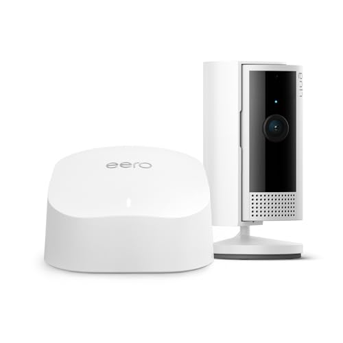 Ring Indoor Camera (2ª gen.) di Amazon + Router wi-fi mesh Amazon eero 6 | Videocamera plug-in per animali domestici | 1080p HD, audio bidirezionale, copertura per la privacy