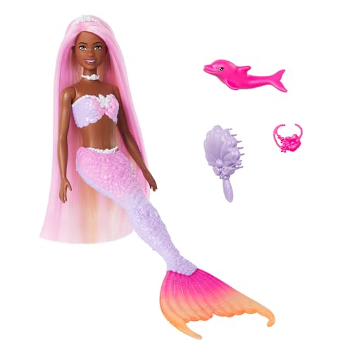 Barbie - Sirena Brooklyn, bambola con lunghi capelli rosa e funzione cambia colore in acqua, cucciolo di delfino e accessori per lo styling inclusi, giocattolo per bambini, 3+ anni, HRP98