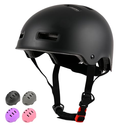 LOKJIJI Casco da bici regolabile per ragazzi ragazze giovani e adulti, Casco Protettivo per bambini per multisport skateboard monopattino bicicletta ciclismo pattinaggio (Nero, L)