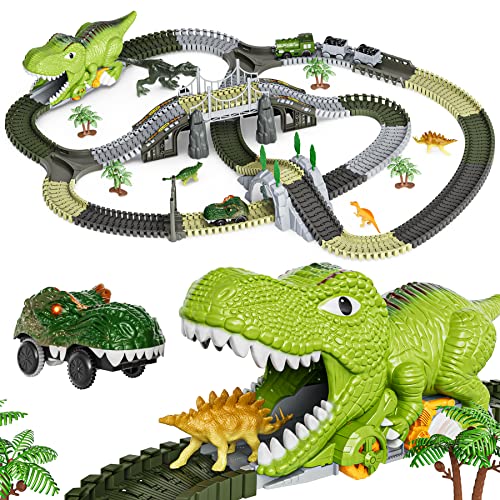 Dinosauro Giocattolo Pista da Corsa,281 pezzi Dinosauro Treno Giocattoli Regalo per Bambini di 3 4 5 6 Anni,Flessibile Binari del Treno con 4 Dinosauri,2 Elettrico Auto da Corsa con Luci
