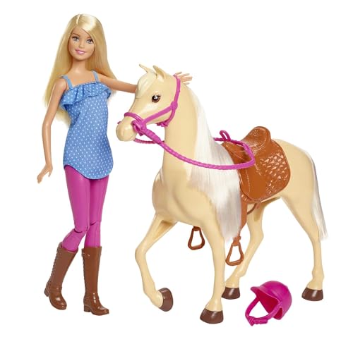 Barbie - Playset Bambola e Cavallo, include una Barbie snodata bionda con il caschetto e il suo cavallo marrone con sella e briglie rimovibili, giocattolo per bambini, 3+ anni, FXH13