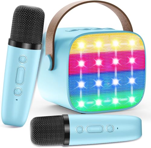 Macchina Karaoke per Bambini con 2 Microfoni Wireless - Microfono Bluetooth, Altoparlante Portatile, Cambio Voce, Luci LED, Giocattolo Musicale per Ragazze e Ragazzi, Regalo per Compleanni e Natale