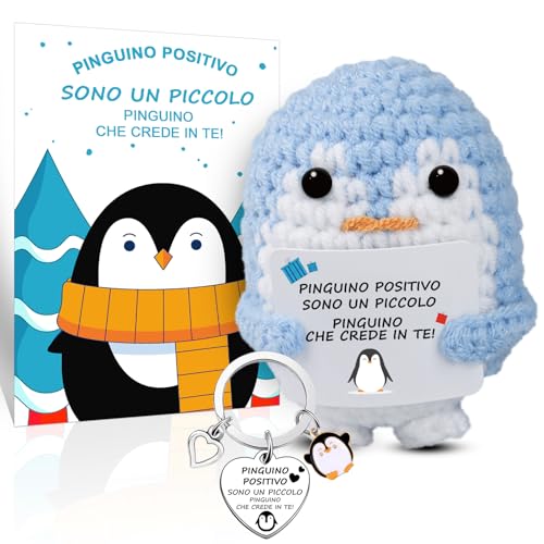 Szhhrxi Pinguino Positivo con Carta Motivazionale y Pinguino Portachiavi, Pinguini Pocket Hug Positive, Lavorata Maglia Pinguino, Regali Divertenti per Bambini Donna Ragazza Amica Collega (Blu)