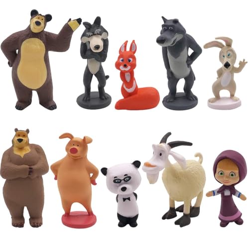 Modello Figure dei Cartoni Animati per Bambini, 10 Pcs Personaggi Masha Giocattoli, Topper Torta Compleanno Figurine Set, Mini Figurine Cartoni Animati Regali per Bambini