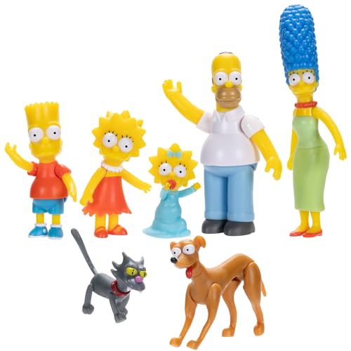 The Simpsons – multipack di action figure da 6 cm. Contiene tutta la famiglia Simpson: Homer, Marge, Bart, Lisa, Maggie, Piccolo aiutante di Babbo Natale e Palla di neve.