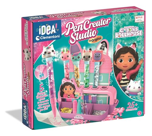 Clementoni Idea - Laboratorio delle Penne Gabby's Dollhouse, Kit Creativo per Bambini 6+ Anni, con 25+ Accessori e 5 Penne Personalizzabili con Personaggi, Lingua Italiana, 18203