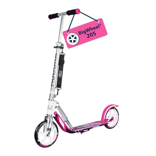 HUDORA Monopattino BigWheel 205 - in alluminio resistente - Monopattino pieghevole regolabile con cavalletto - sportivo per bambini e adulti fino a 100 kg - bianco/rosa