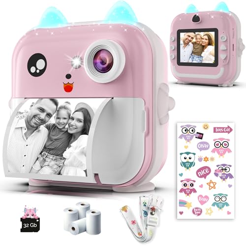Macchina Fotografica Bambini Istantanea – Doppio Obiettivo 48MP, Video 1080P, Stampa Termica con 4 Rotoli di Carta – App Bluetooth, Scheda da 32GB – Regalo per Bambine & Bambini 3-12 Anni (Rosa)
