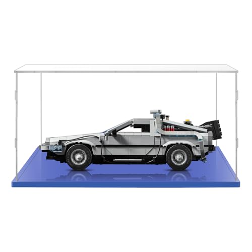 Teca Espositiva 40x25x15 con Base Blu,3mm Acrilico Trasparente Antipolvere Vetrina per Modellini Auto 1/12 Ritorno al Futuro Macchina 10300 Porsche 911 Turb 10295 Porsche GT4 42176 Senna GTR 42123