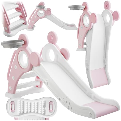 tectake® Scivolo per Bambini Joy, con Canestro da Basket, Pieghevole, Gradini Antiscivolo, Corrimano di Sicurezza, Materiale Resistente, per Interni ed Esterni – Rosa Fucsia