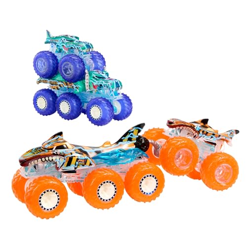 Hot Wheels Monster Trucks - Multipack Camion, set con Tiger Shark e Mega-Wrex in scala 1:64 e i loro Grandi Tir e Trasportatore con decorazioni Power Smashers, giocattolo per bambini, 3+ anni, HYJ29