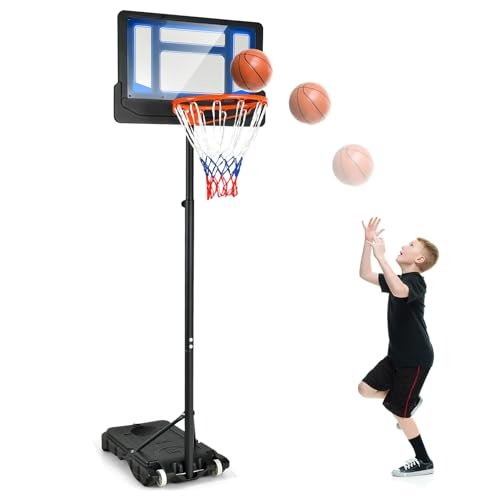 COSTWAY Canestro Basket da Interno ed Esterno Portatile e Regolabile in Altezza 90-210cm, Canestro da Basket per Bambini con Ruote, Incavo per Pallone e Tabellone Infrangibile (Blu)