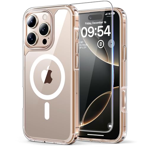 TAURI Magnetica Cover per iPhone 16 Pro [Compatibile con MagSafe] con Pellicola in Vetro Temperato, Custodia Rigida per Sottile Anticaduta - Trasparente