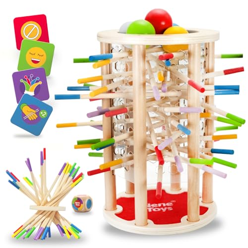 Nene Toys BALLFALL Grande – Giochi Montessori in Legno per Bambini 3 4 5 6 Anni – Gioco da Tavolo Educativo con Bastoncini, Dadi & Carte – Giocattolo Motricità Fine – Regalo Bambina Bambino 3-9 Anni