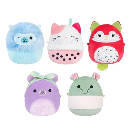 Micromallows Squishmallows Original Plush, confezione da 5 – Orso lavanda, Dragonfruit Fox, Calico Cat Boba Tea, Tapir, Alpaca