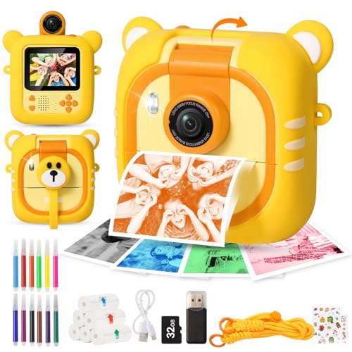 Macchina Fotografica Bambini Istantanea e 7 Rotoli Carta (4 Col: O/R/V/B+3 B&N)-2,4”Fotocamera istantanea con 32GB, 180 °Flip Obiettivo, Regalo di Natale e Compleanno per Bambini per 3-12,M2