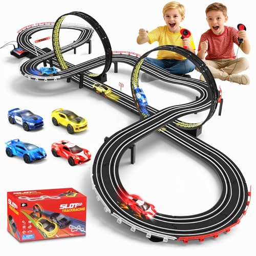 YOOHBERRYS Piste Corsa Elettriche, 1:64 Pista Macchine Telecomandate Extra-Lungo Piste Auto - 4 LED Macchine, USB, Comandi, Contatore, Passaggio A 360°, Giocattoli Regali Piste Corsa Bambini 3+ Anni