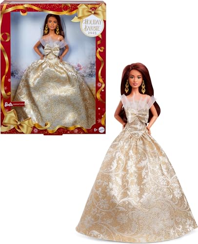 Barbie Signature - Barbie Magia delle Feste 2025, bambola da collezione con capelli castani e abito argento e oro, confezione da esporre, regalo per le feste, giocattolo per bambini, 6+ anni, JBJ02