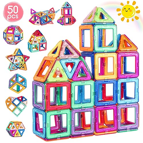 aaczly Costruzioni Magnetiche 50 Pezzi Blocchi Magnetici per Bambini 3D Blocco Magnetico Costruzioni Giocattolo Magnetiche Educativi Calamite Montessori per Bambini 3 4 5 6 7 8 Anni