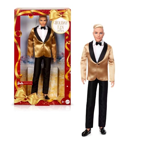 Barbie Signature - Ken Magia delle Feste 2025, bambola da collezione con tuta elegante e giacca dorata, confezione da esporre, regalo per le feste, giocattolo per bambini, 6+ anni, JGK55